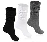 Moon Wood 3 Paia Calze Lunghe Donna in cotone, calze parigine donna,Calzini Alti Scrunch con Effetto Stropicciato, Calzini Slouchy,Nero,Bianco,Grigio