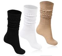 Moon Wood 3 Paia Calze Lunghe Donna in cotone, calze parigine donna,Calzini Alti Scrunch con Effetto Stropicciato, Calzini Slouchy,Nero/Bianco/Cachi