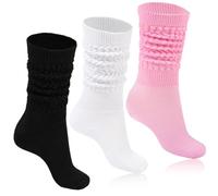 Moon Wood 3 Paia Calze Lunghe Donna in cotone, calze parigine donna,Calzini Alti Scrunch con Effetto Stropicciato, Calzini Slouchy,Nero/Bianco/Rosa
