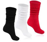 Moon Wood 3 Paia Calze Lunghe Donna in cotone, calze parigine donna,Calzini Alti Scrunch con Effetto Stropicciato, Calzini Slouchy,Nero,Bianco,Rosso