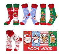 Moon Wood Calze natalizie da donna, 35-42, in cotone, con motivo natalizio, senza cuciture, comode, 4 paia di pan di zenzero+Babbo Nata+pupazzo di neve+alce, Taglia unica