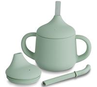 Moonkie Bicchiere Antigoccia Bambini 3-Step, Bicchiere con Cannuccia, con Manici, Silicone Bicchiere Neonato, Tazza per Bambini senza BPA, per Lavastoviglie, Borraccia Bambini 4 oz(Verde Grigio)