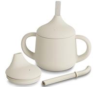 Moonkie Bicchiere Antigoccia Bambini 3-Step, Bicchiere con Cannuccia, con Manici, Silicone Bicchiere Neonato, Tazza per Bambini senza BPA, per Lavastoviglie, Borraccia Bambini 4 oz(Avorio)