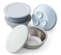 Moonkie Ciotole Bimbo in Acciaio Inox con Coperchi in Silicone e Base a Ventosa | Design Monopezzo | Senza BPA | 13oz | Lavastoviglie | 4+ Mesi | Set da 4 (Blu pastello/Verde salvia/Grigio/Blu oceano)