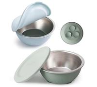 Moonkie Ciotole per lo Svezzamento in Acciaio Inox con Ventosa e Coperchi in Silicone | Design Monopezzo | Senza BPA | 13oz | Lavastoviglie OK | Dai 4M+ | Set da 2 (Blu pastello/Verde salvia)