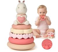 Moonkie Coniglio Torre Impilabile Bambini, Giochi Dentizione Silicone 6M+ | Anelli Impilabili, Giochi Montessori Sensoriale, Massaggia Gengive Neonati, senza BPA, Regalo Bimbo & Bimba, 7 Pezzi