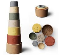 Moonkie Cubi Impilabili Bambini, Giocattoli da Tazza in Silicone, Costruzioni per Bambini, Giochi Montessori, Dentizione Neonato Silicone, Regalo Bambino, 6+ Mesi, 7 Pezzi (Retro)