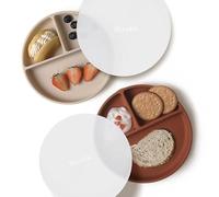 Moonkie Piatti a ventosa per bambini e ragazzi | Piatti divisi in silicone senza BPA con coperchio | Sicuri per microonde e lavastoviglie - 2 confezione (Shifting Sand/Croissant)