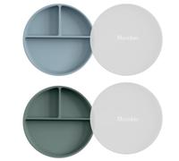 Moonkie Piatti a ventosa per bambini e ragazzi | Piatti divisi in silicone senza BPA con coperchio | Sicuri per microonde e lavastoviglie - 2 confezione (Ether/Sage)