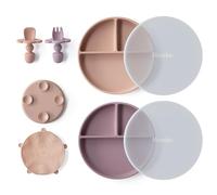 Moonkie Piatto Svezzamento Silicone, 2Psc Piatto con Ventosa per Bambini, con Cucchiaio e Forchetta, Set Pappa Svezzamento Senza BPA, per Lavastoviglie Freezer e Microonde(Blush/Viola pallido)