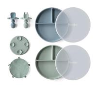 Moonkie Piatto Svezzamento Silicone, 2Psc Piatto con Ventosa per Bambini, con Cucchiaio e Forchetta, Set Pappa Svezzamento Senza BPA, per Lavastoviglie Freezer e Microonde(Menta/Azzurro)