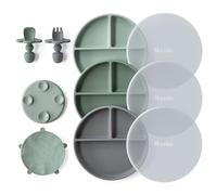 Moonkie Piatto Svezzamento Silicone, 3Psc Piatto con Ventosa per Bambini, con Cucchiaio e Forchetta, Set Pappa Svezzamento Senza BPA(Menta/Verde grigio/Grigio lunare)