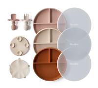 Moonkie Piatto Svezzamento Silicone, 3Psc Piatto con Ventosa per Bambini, con Cucchiaio e Forchetta, Set Pappa Svezzamento Senza BPA(Tono della pelle/Blush/Giallo terra)