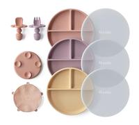 Moonkie Piatto Svezzamento Silicone, 3Psc Piatto con Ventosa per Bambini, con Cucchiaio e Forchetta, Set Pappa Svezzamento Senza BPA(Rosa pallido/Viola pallido/Miele)