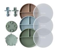 Moonkie Piatto Svezzamento Silicone, 3Psc Piatto con Ventosa per Bambini, con Cucchiaio e Forchetta, Set Pappa Svezzamento Senza BPA(Taupe caldo/Azzurro/Verde grigio)