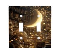 Moonlight Library - Placche di copertura per interruttori della luce, luna crescente dorata per magici accenti da parete, piastre da parete in materiale termoplastico, dimensioni standard, doppia