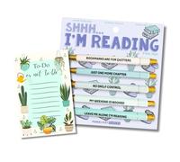 Moonlight Makers Set di 5 penne divertenti e blocco note - Set di 5 penne a sfera con incisione Shhh I'm Reading, con inchiostro nero, blocco note per fare o non fare, articoli da scrivania carini e