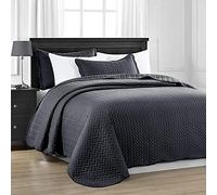 MOONLIGHT20015 Copriletto trapuntato singolo + 2 federe per cuscino, decorazione per camera da letto, reversibile, copriletto trapuntato in rilievo con finitura opaca (antracite/grigio scuro, singolo)
