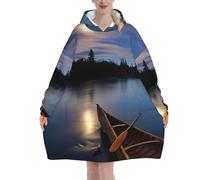 Moonlit Canoa Allagash River Print Calda e Accogliente Coperta indossabile, Coperta con cappuccio in flanella spessa con maniche e tasca gigante, Nero , 280g flannel