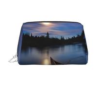 Moonlit Canoe Allagash River Print Premium Leather Toiletry Travel Pouch with Waterproof Portable Pouch Open Flat Makeup Bag, Argento, taglia unica