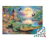 Moonlit Crocodile Scene Puzzle 1000 Pezzi per Adulti Puzzle per Adulti Puzzle 1000 Pezzi Gioco Sfidante per Tutta la Famiglia per Donne, Calm Lake Regali per Uomini Attività Divertente per Casa