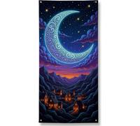 Moonlit Village Door Cover Banner Decorativo, Fantasioso Skyline Notturno e Paesaggio Montano Decorazione per Porta d'ingresso, per interni ed esterni, Autunno e Inverno Forniture per le Vacanze 91 x