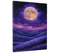 Moonlit Violet Landscape Canvas Wall Art, Stampa artistica da parete con notte stellata e luna piena, con campi di lavanda sognanti, decorazione estetica per la casa, per soggiorno, camera da letto
