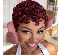 MOONSHOW Parrucche corte ricce per donne nere Vino Rosso Pixie Cut Parrucca corta Pixie Parrucche per donne nere 99J Colore Afro Riccia Parrucca Borgogna Parrucche sintetiche Afro Taglio di Capelli
