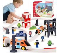 MOONTOY 37 Pezzi Set Treno Elettrico per Bambini, Treno con Vagoni Magnetici, Binari da Costruire con Ponte e Segnaletica, Gioco Creativo Fai da Te, Regalo per Bambini e Bambine dai 3 Anni