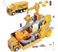 MOONTOY 4 in 1 Pista Macchinine Bambini, Veicoli da Cantiere Giocattolo con Grande Camion, Gru, Ruspe, con Costruzione Torre Gru, Nastro trasportatore, Regalo di Compleanno per 3 4 5 6 7 8+ Anni