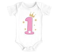 MoonWorks® - Body per neonato per primo compleanno con numero 1, con corona e stelle, in cotone biologico 1 bianco-rosa. 6-12 Mesi