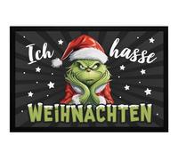MoonWorks® Grinch - Zerbino natalizio con scritta "Ich Hasse Menschen Sarcasmus Ironie", antiscivolo e lavabile, motivo natalizio, nero, 60 x 40 cm