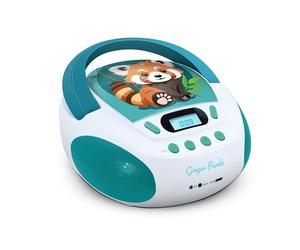 MOOOV 477414 - Lettore CD per bambini Panda Roux MP3 e porta USB, presa per cuffie, supporto portatile con maniglia di trasporto, alimentazione elettrica o batterie, verde e bianco