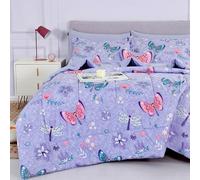 Mooreeke Set di biancheria da letto per bambini per ragazze, 6 pezzi, motivo farfalle, viola, in morbida microfibra, con piumone, set di lenzuola, federe e cuscino decorativo giocattolo per tutte le