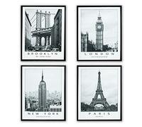 moorg Set da 4 Quadri su Tela con Struttura Interna in Legno 40x50 cm, Quadro New York, London, Paris e Brooklyn, Stampa su Tela Canvas (City)