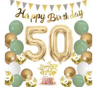 Moorle Decorazione di compleanno da donna per 50 anni, colore verde salvia, decorazione per 50° compleanno, da uomo, colore verde e bianco, palloncini per 50° compleanno, palloncini con striscione,