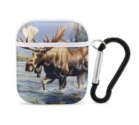 Moose in River divertente custodia compatibile per AirPods 1 e 2 auricolari custodia rigida protettiva con portachiavi