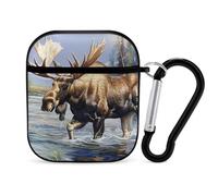 Moose in River divertente custodia compatibile per AirPods 1 e 2 auricolari custodia rigida protettiva con portachiavi