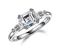 MOOSEA Anelli da donna con moissanite taglio Asscher da 1,5 ct, con 3 pietre in moissanite di colore D, colore VVS1, in oro bianco 14 carati, con moissanite a doppio artiglio, anelli di fidanzamento