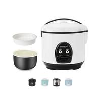 MOOSUM 0,8 L Cuociriso Elettrico e Vaporiera con Funzione di Mantenimento del Caldo - per 2-5 Persone Interno Antiaderente Rivestito in Ceramica, cucchiaio per riso e misurino, bianco