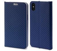 Moozy Custodia a Libro per iPhone X, iPhone XS, Carbonio Blu Scuro - Protezione dei Bordi Metallici Flip Cover Portafoglio con Appoggio e Porta Carte