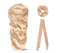 mophrati 3 Pezzi Berretto da Notte in Raso Set Berretto a Per Tesa Larga per Capelli Cappello Cravatta Avvolgere Elastico in Corda di Seta Fascia Regalo per la Famiglia Donne Ragazze, Champagne Oro