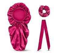 mophrati 3 Pezzi Berretto da Notte in Raso Set Berretto a Per Tesa Larga per Capelli Cappello Cravatta Avvolgere Elastico in Corda di Seta Fascia Regalo per la Famiglia Donne Ragazze, Rosa Rossa