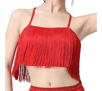 mophrati Top da ballo con frange e nappe con cinturini, comodo top da ballo latino donna, allacciato al collo, alla moda, con cinturini e nappe ad densità, Rosso, M