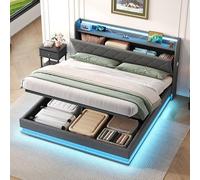Morada Nest Struttura letto king size da 1,5 m, imbottita, con contenitore idraulico, testiera trapuntata con pulsanti LED, stazione di ricarica e testiera nascosta, porte USB e tipo C, colore lino