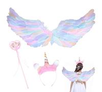 MORAINJAY 3 Pezzi Unicorno Ali d'Angelo e Aureola per Ragazza Halloween,80x35cm Ali d Angelo Piuma Costume Decorative per Carnevali e Feste a Tem,Farfalla Fata,Cosplay