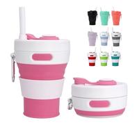 MORAINJAY 450ml Tazza Pieghevole Silicone,Rosa Tazza da caffè Portatile con Coperchio e Cannuccia,Bicchiere Campeggio Viaggio,Sigillato,Riutilizzabile,Lavastoviglie(Pieghevole Fino a 6cm)