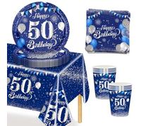 MORAINJAY 53 Pezzi Set Stoviglie Compleanno Blu Argento per 50°, 50 Anni Stoviglie per Feste Include Tovaglioli,Piatti,Tovaglia,Uomo Donna Decorazioni Festa Compleanno -16 Ospiti