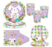 MORAINJAY Set da tavola per feste pasquali, 80 pezzi, decorazione da tavolo con stampa di uova di coniglietto pasquale, con bicchieri di carta, piatti di carta e tovaglioli, per feste in casa