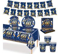 MORAINJAY Set di stoviglie per 60° compleanno, 70 pezzi, blu, oro, bicchieri, piatti, tovaglioli, tovaglia, set di decorazione da tavolo, per uomini e donne, per feste di 60° compleanno (16 ospiti)